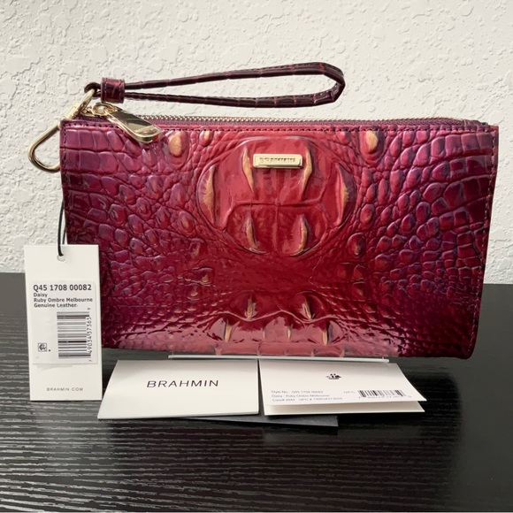 Brahmin Daisy Wristlet Clutch Makeup Bag RUBY OMBRE MELBOURNE Leather NWT